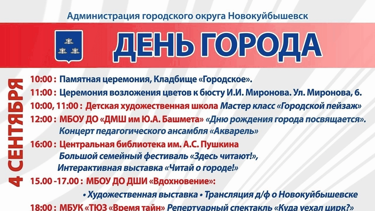 Новокуйбышевск празднует 74-летие: программа мероприятий 5 сентября в городском Дворце культуры состоитс...