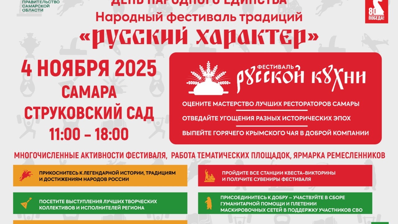 Самарцев и гостей города приглашают на фестиваль «Русский характер» в Струковском саду 4 ноября, в День народного единства, в Струковс...